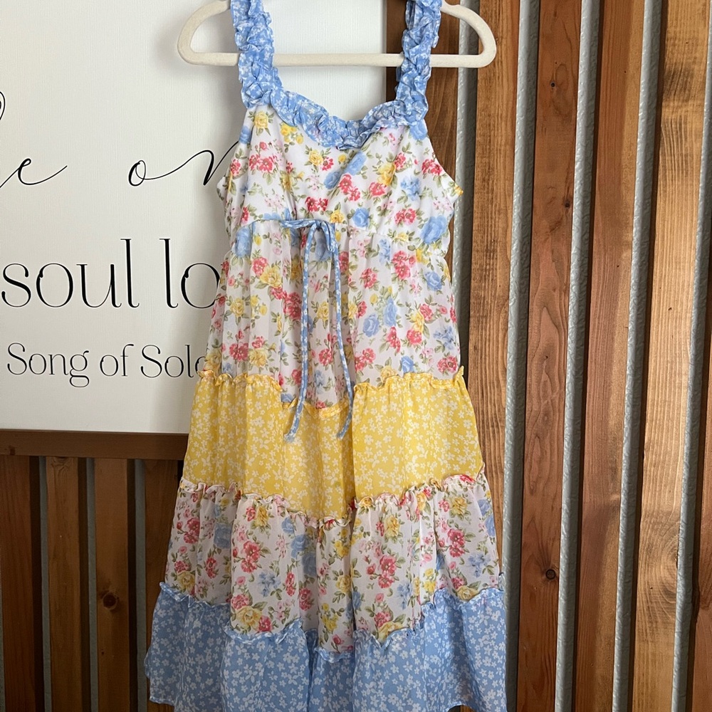 Jona Michelle Floral Tiered Dress - Blue, Yellow, Pink